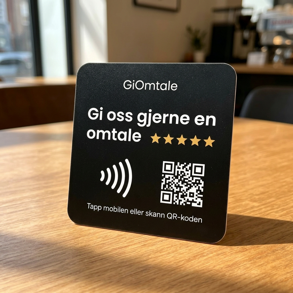 Svart GiOmtale NFC-bordkort på et kafébord